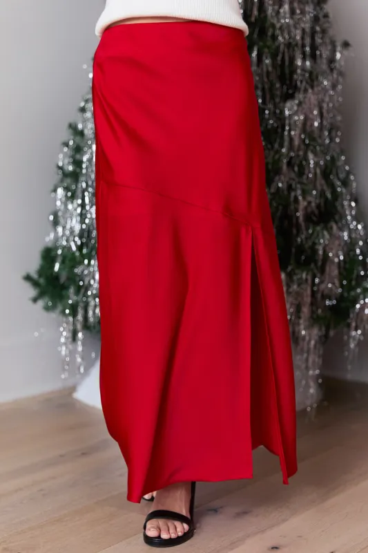 Lumi Red Satin Slit Maxi Skirt sold by Pink Lily