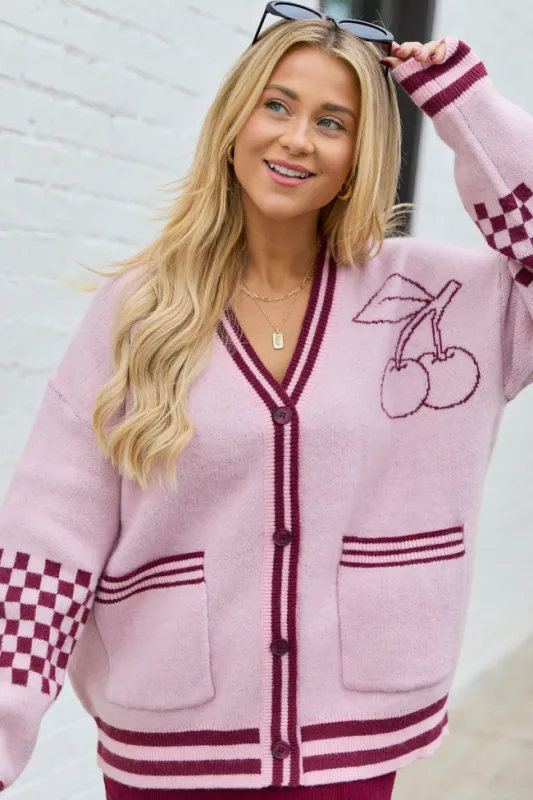 Maeve Pink And Burgundy Cherry Checkered Cardigan SALE sold by Pink Lily