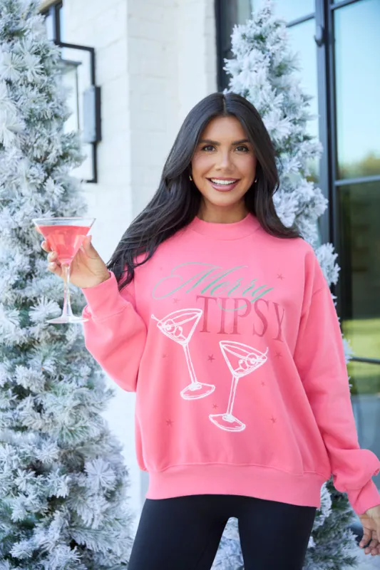 Merry Tipsy Light Red Graphic Sweatshirt sold by Pink Lily