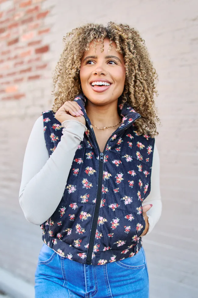 Janice Black Floral Print Puffer Vest FINAL SALE sold by Pink Lily product image thumbnail 3