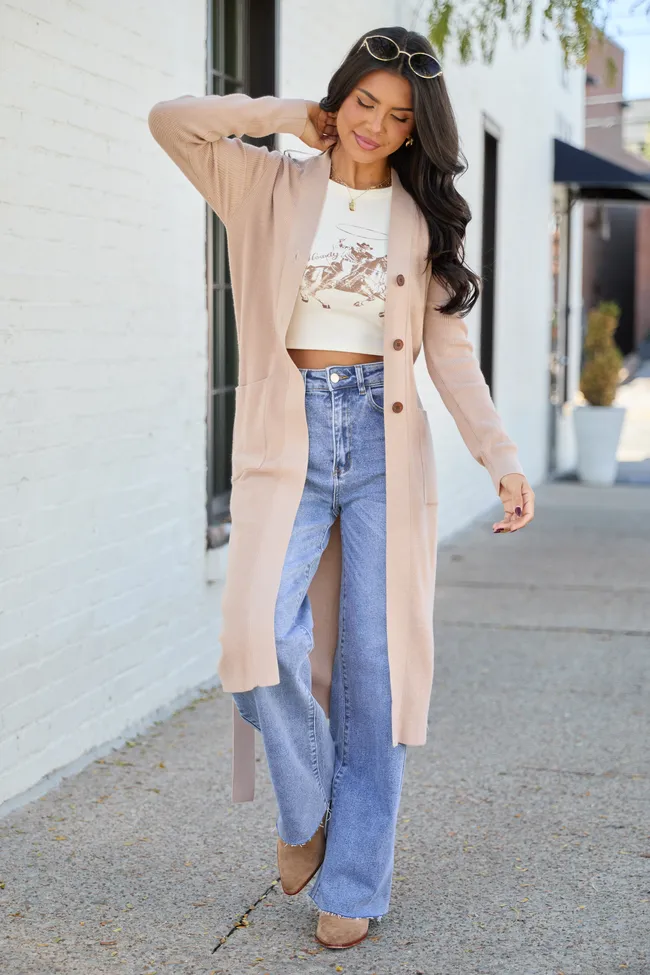 Norah Taupe Button Down With Tie Long Cardigan SALE sold by Pink Lily product image thumbnail 2