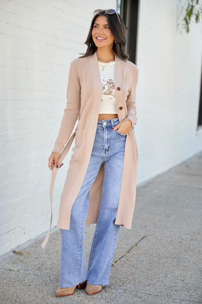 Norah Taupe Button Down With Tie Long Cardigan SALE sold by Pink Lily