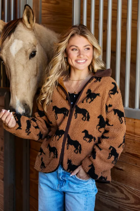 Liberty Brown Horse Sherpa Zip Up Jacket sold by Pink Lily