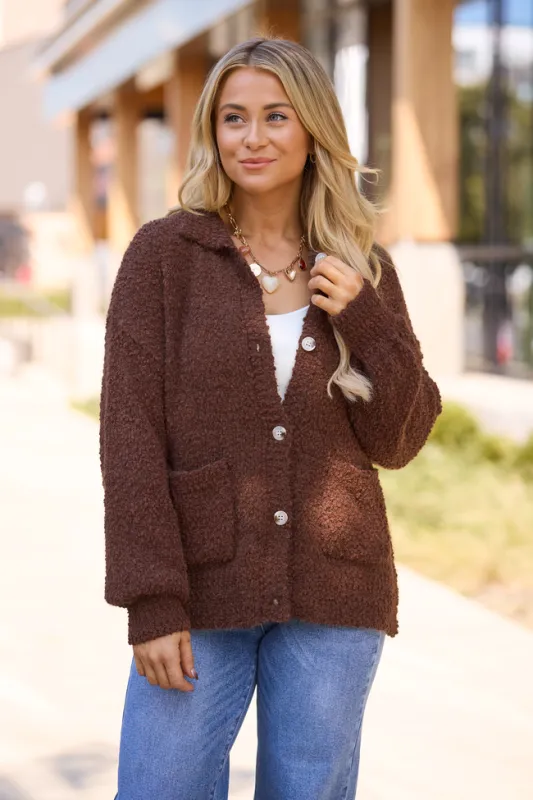 Marcella Brown Collared Boucle Cardigan sold by Pink Lily