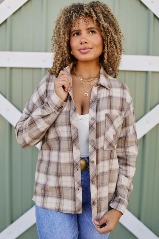 Rory Cream And Taupe Plaid Flannel Top DOORBUSTER sold by Pink Lily