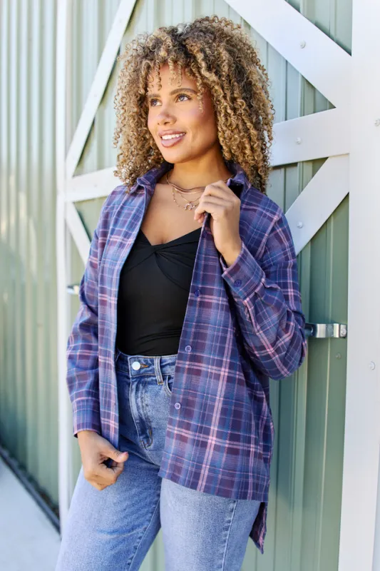 Autumn Navy And Purple Plaid Flannel Top sold by Pink Lily