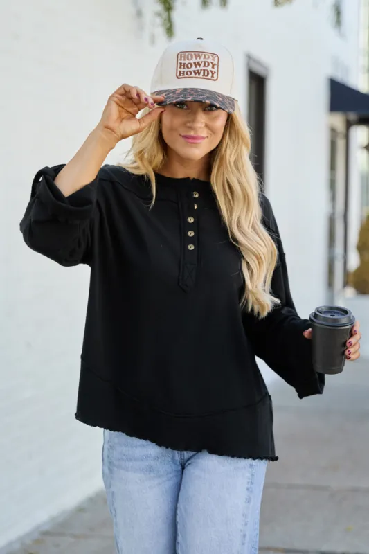 Dorie Black Oversized Henley sold by Pink Lily