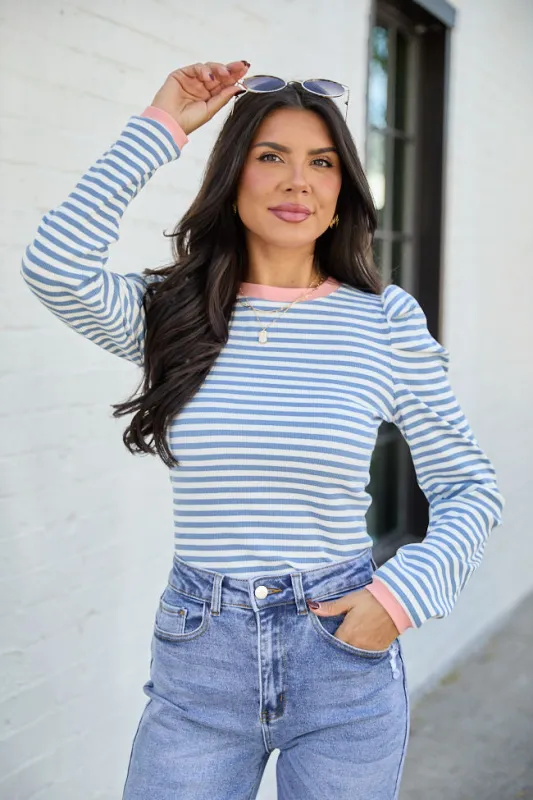 Ginger Blue Striped Puff Long Sleeve Top DOORBUSTER sold by Pink Lily