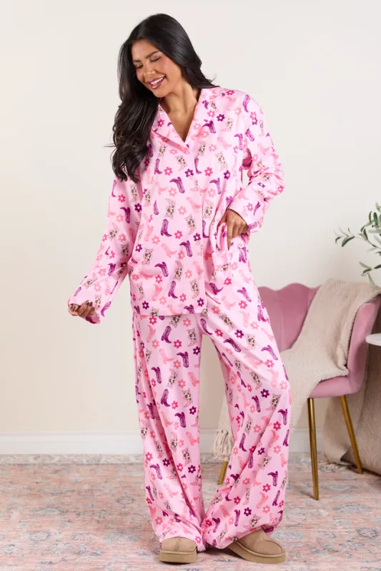 Brooke Pink Cowboy Boot Oversized Pajama Set sold by Pink Lily