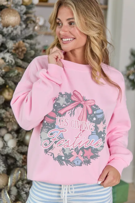 It's Giving Festive Light Pink Graphic Sweatshirt sold by Pink Lily