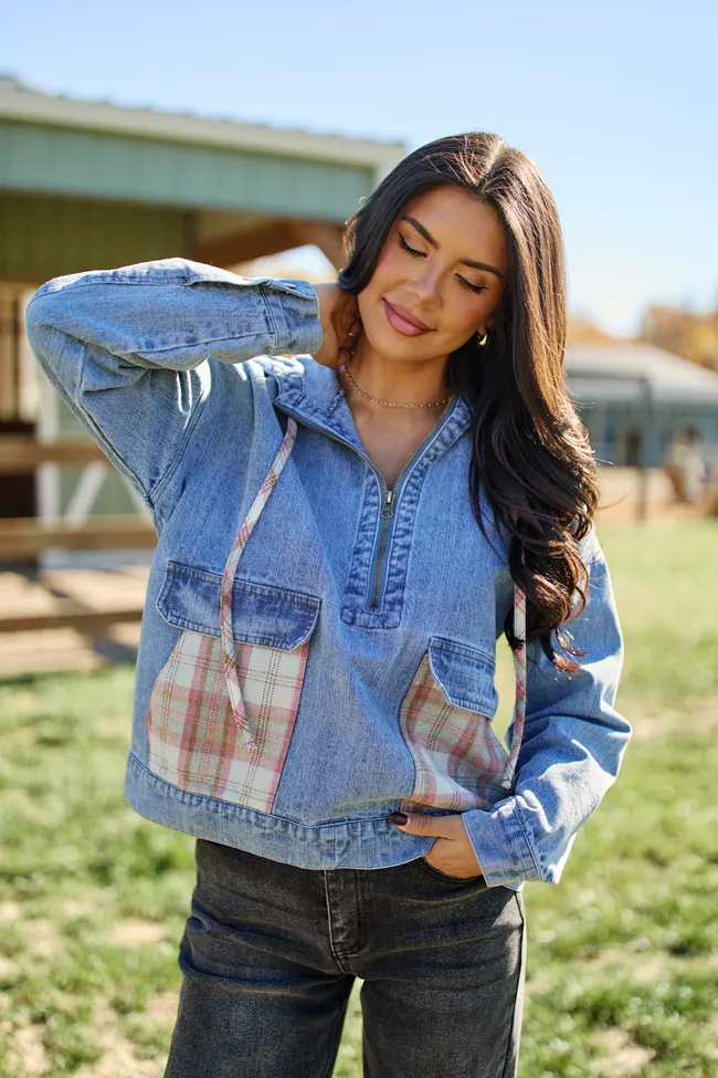 Icelyn Denim Plaid Pocket Pullover sold by Pink Lily