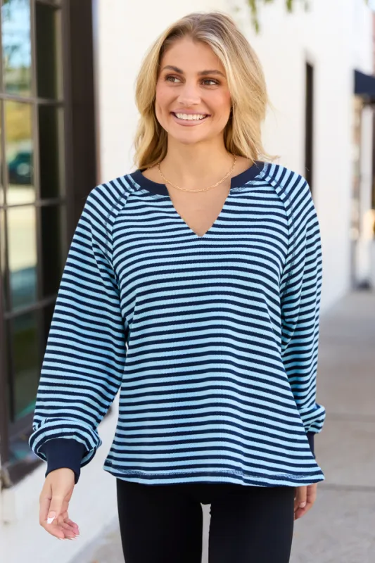 Harlee Blue Stripe V-neck Striped Waffle Knit Top sold by Pink Lily