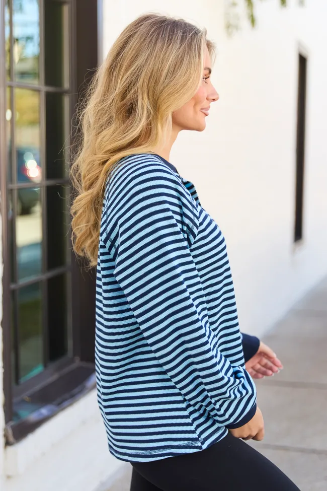 Harlee Blue Stripe V-neck Striped Waffle Knit Top FINAL SALE sold by Pink Lily product image thumbnail 3
