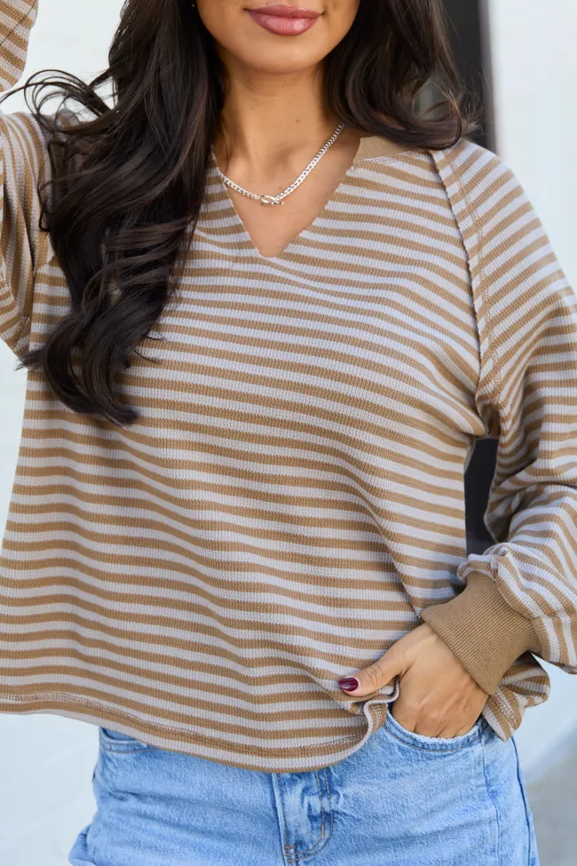 Harlee Taupe Stripe V-neck Striped Waffle Knit Top sold by Pink Lily product image thumbnail 5