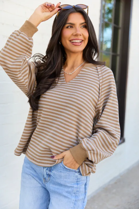 Harlee Taupe Stripe V-neck Striped Waffle Knit Top sold by Pink Lily