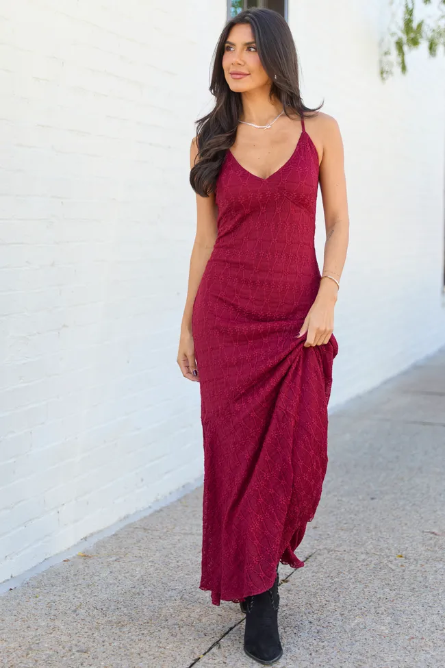 Hyacinth Burgundy Lace Godet Slip Dress sold by Pink Lily