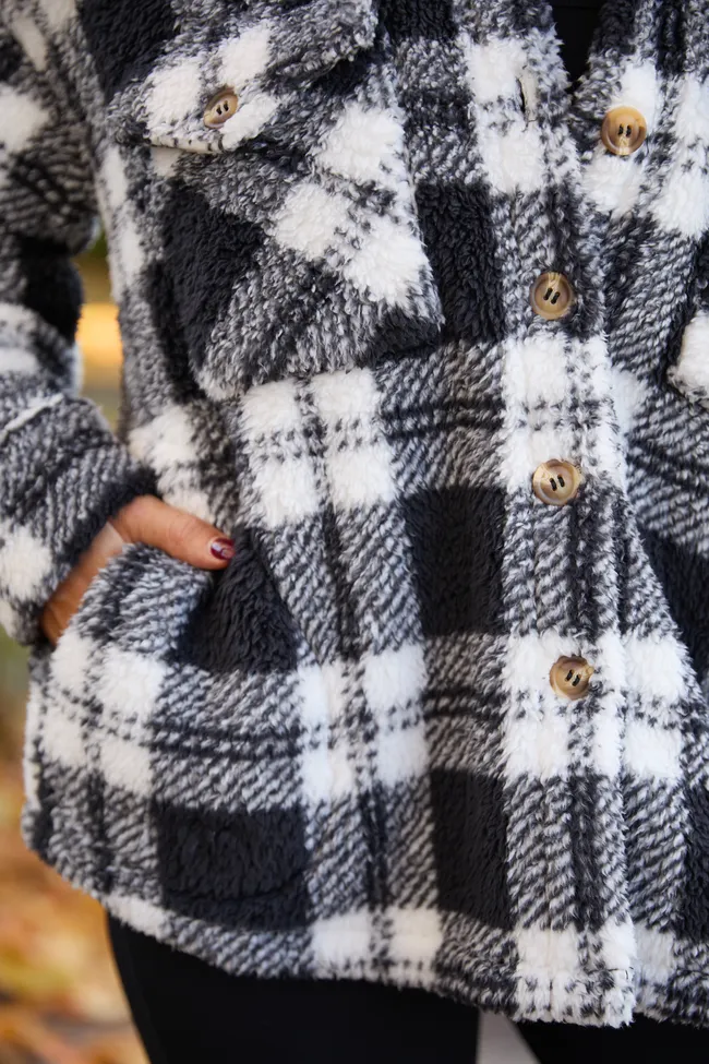 Didi Black and White Plaid Sherpa Button Up Shacket DOORBUSTER sold by Pink Lily product image thumbnail 5