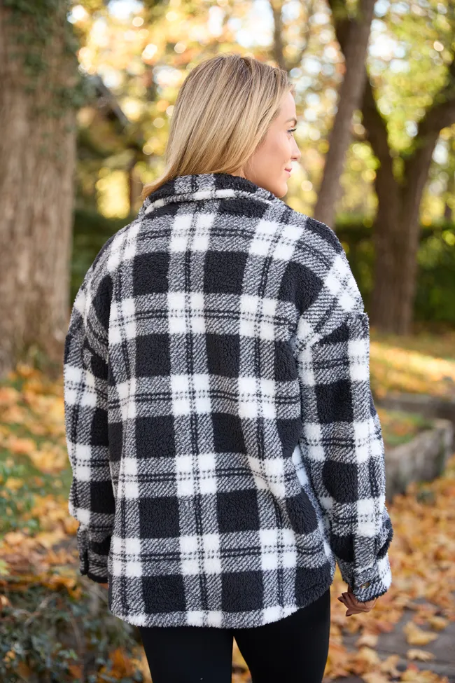 Didi Black and White Plaid Sherpa Button Up Shacket DOORBUSTER sold by Pink Lily product image thumbnail 4