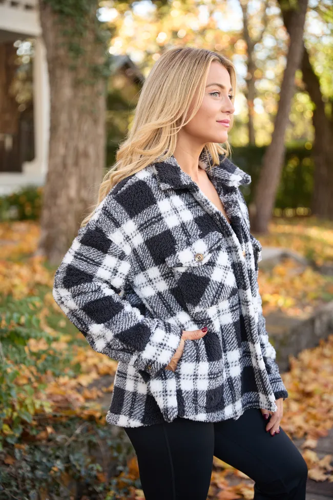 Didi Black and White Plaid Sherpa Button Up Shacket DOORBUSTER sold by Pink Lily product image thumbnail 3
