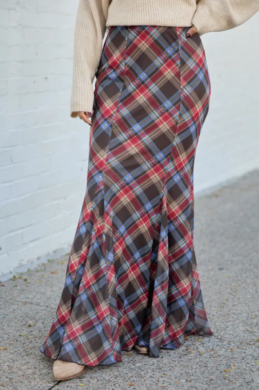 Anna Marie Brown Plaid Knit Maxi Skirt sold by Pink Lily