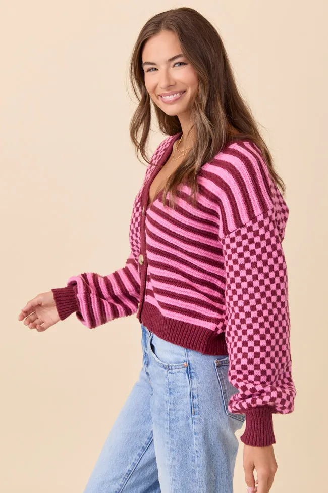 Samara Checkered and Stripes Pink and Burgundy Cardigan sold by Pink Lily product image thumbnail 5