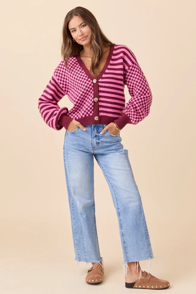 Samara Checkered and Stripes Pink and Burgundy Cardigan sold by Pink Lily product image thumbnail 4