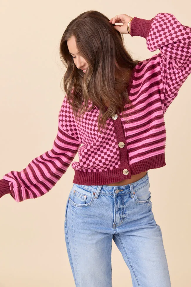 Samara Checkered and Stripes Pink and Burgundy Cardigan sold by Pink Lily product image thumbnail 3