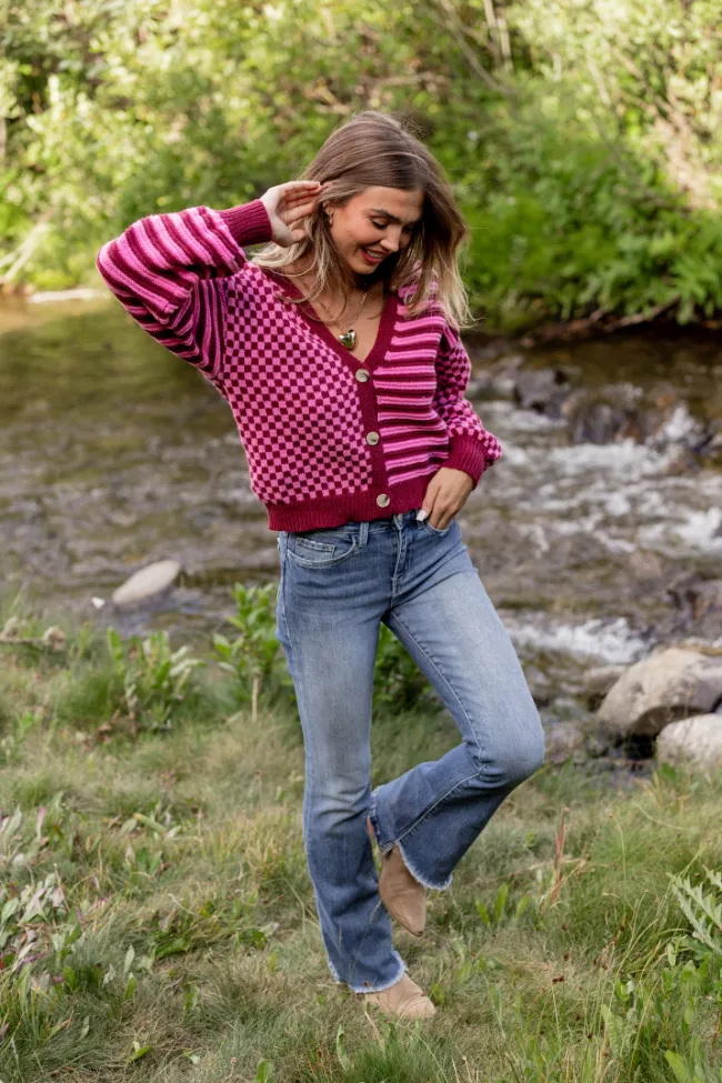 Samara Checkered and Stripes Pink and Burgundy Cardigan sold by Pink Lily product image thumbnail 2