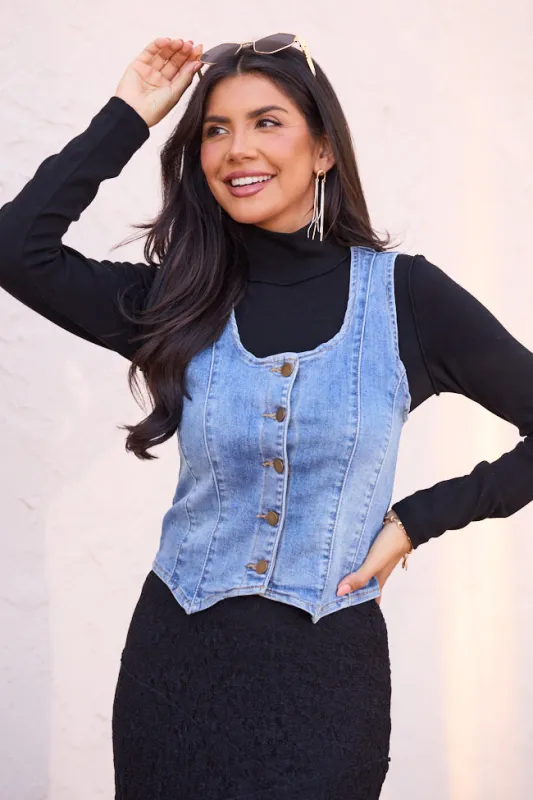 Adalee Scoop Neck Denim Vest made by Pink Lily