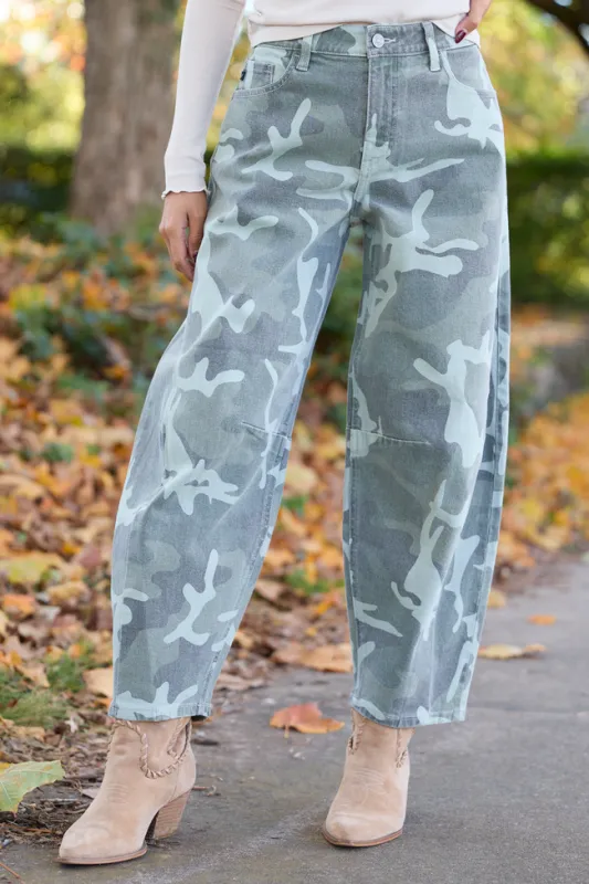 Vale Camo Barrel Leg Jeans sold by Pink Lily