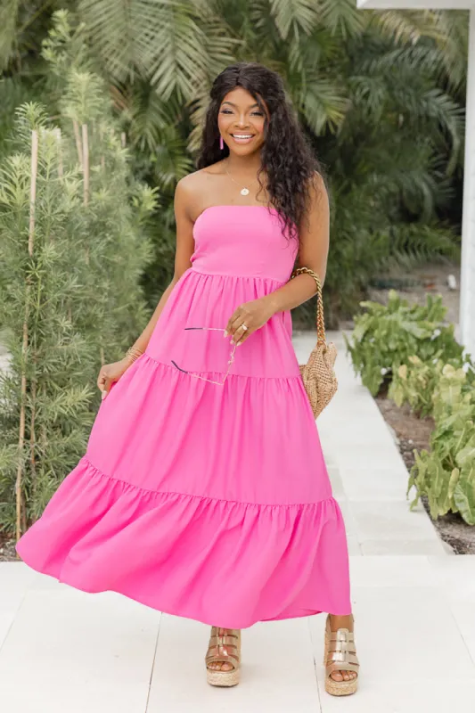 Rays Of Radiance Hot Pink Strapless Tiered Midi Dress sold by Pink Lily