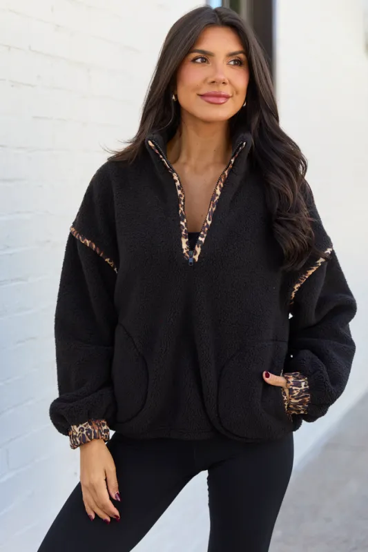 Lacey Black Half Zip Sherpa Pullover sold by Pink Lily