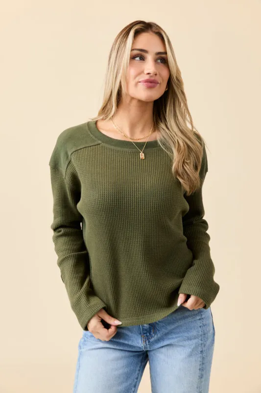 Dylan Waffle Knit Olive Green Pullover SALE sold by Pink Lily