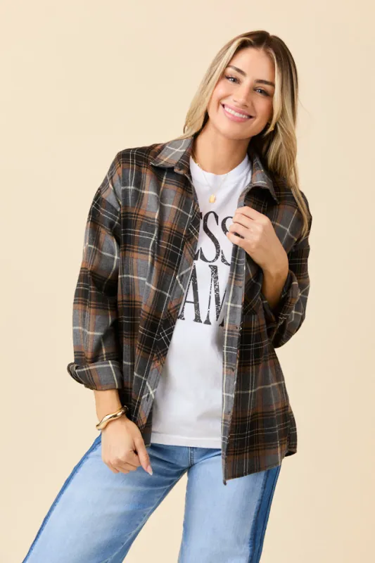 Nash Black Flannel Button Down Top sold by Pink Lily