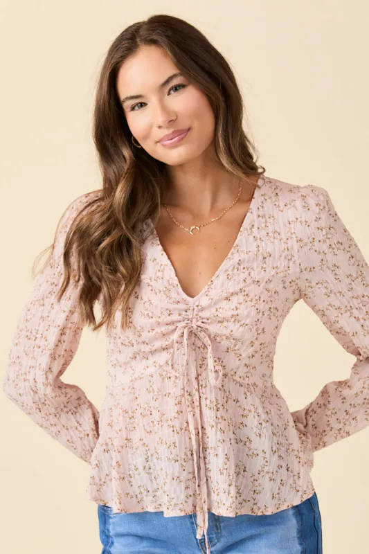 Ella Pink Floral Ruched V-neck Blouse sold by Pink Lily
