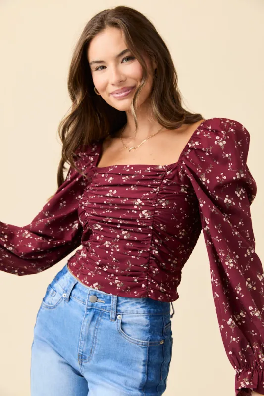 Brittney Ruched Claret Floral Top sold by Pink Lily