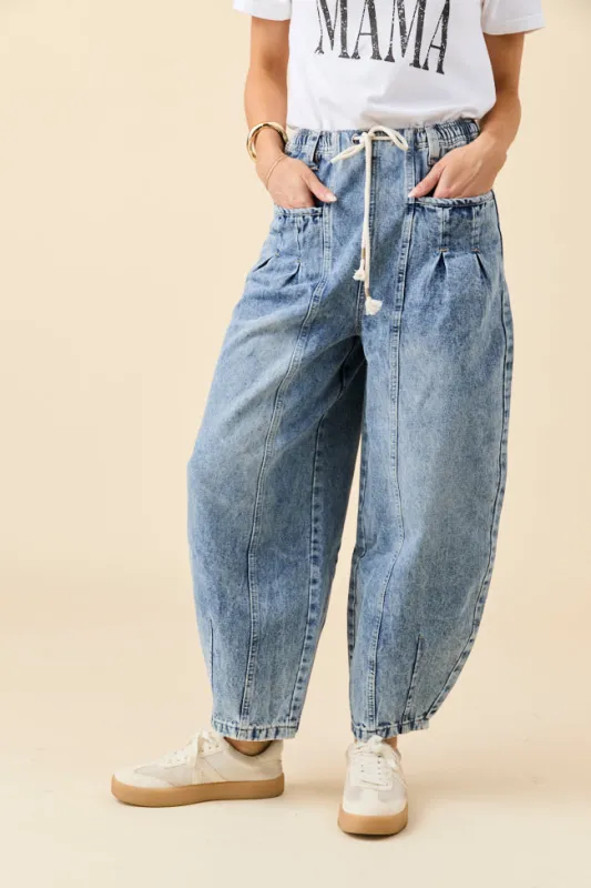 Ashlie Denim Drawstring Waist Barrel Leg Jeans sold by Pink Lily