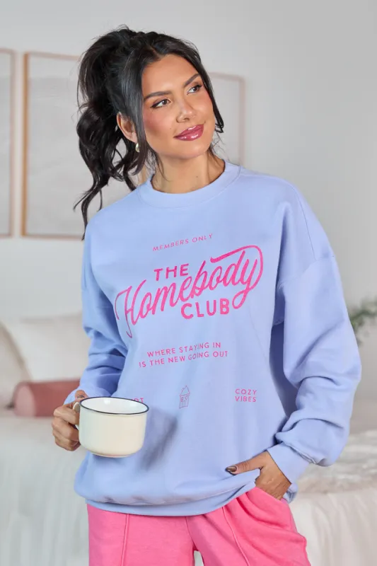 The Homebody Club Periwinkle Graphic Sweatshirt sold by Pink Lily