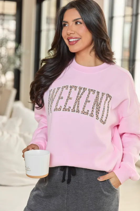 Weekend Leopard Light Pink Graphic Sweatshirt sold by Pink Lily