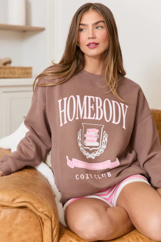 Homebody Cozy Club Mocha Graphic Sweatshirt sold by Pink Lily