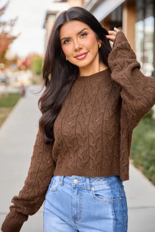 Remy Brown Cropped Cable Sweater sold by Pink Lily