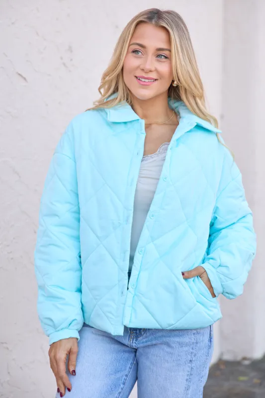 Kylan Sea Green Button Up Puffer Jacket sold by Pink Lily