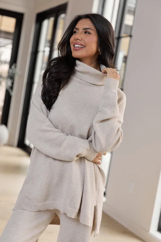 Devon Oatmeal Oversized Turtleneck Lounge Sweater SALE sold by Pink Lily