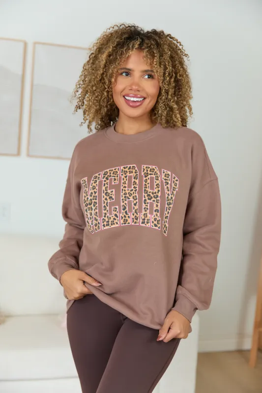 Merry Block Leopard Mocha Graphic Sweatshirt made by Pink Lily