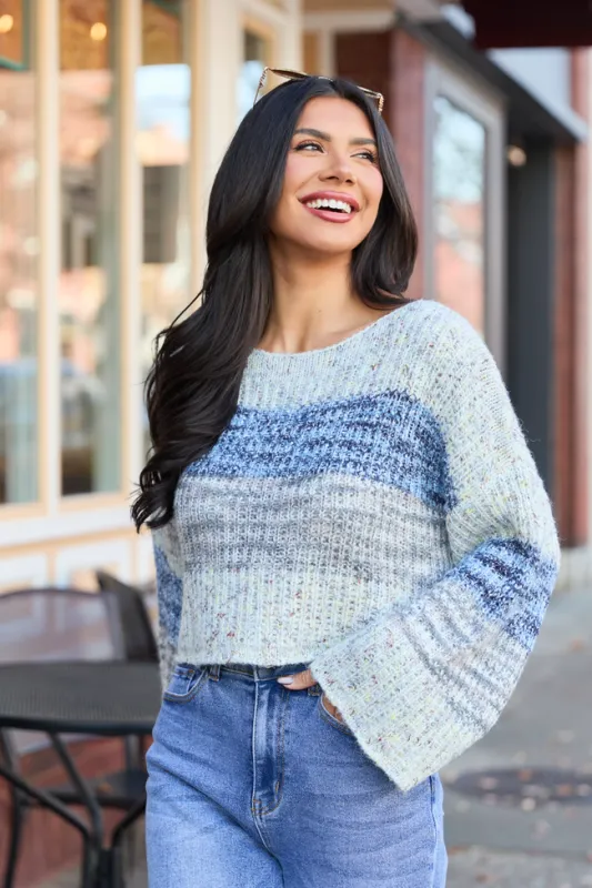 Ellis Tan And Blue Cropped Sweater sold by Pink Lily