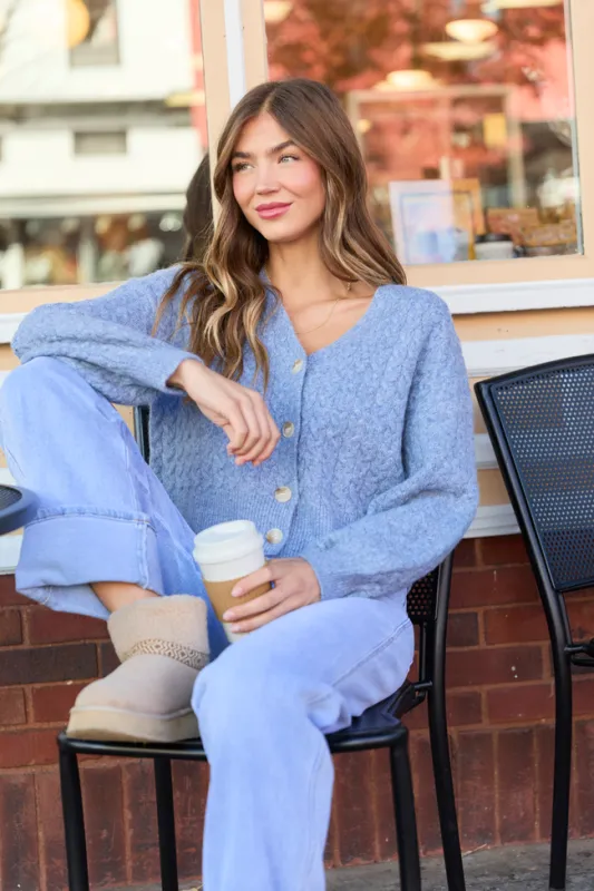 Heather Blue V-Neck Sweater Cardigan sold by Pink Lily