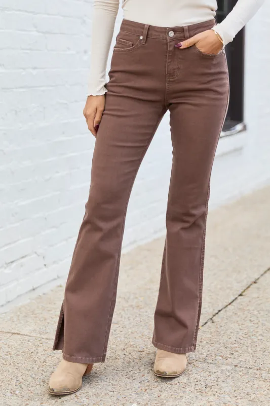 Adler Brown Stretch Split Flare Leg Jeans sold by Pink Lily