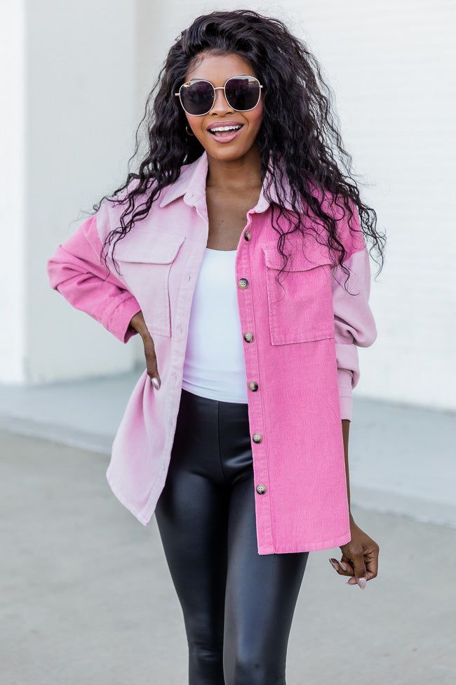 On The Way Pink Colorblock Corduroy Shacket sold by Pink Lily