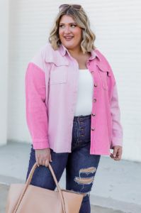 On The Way Pink Colorblock Corduroy Shacket sold by Pink Lily
