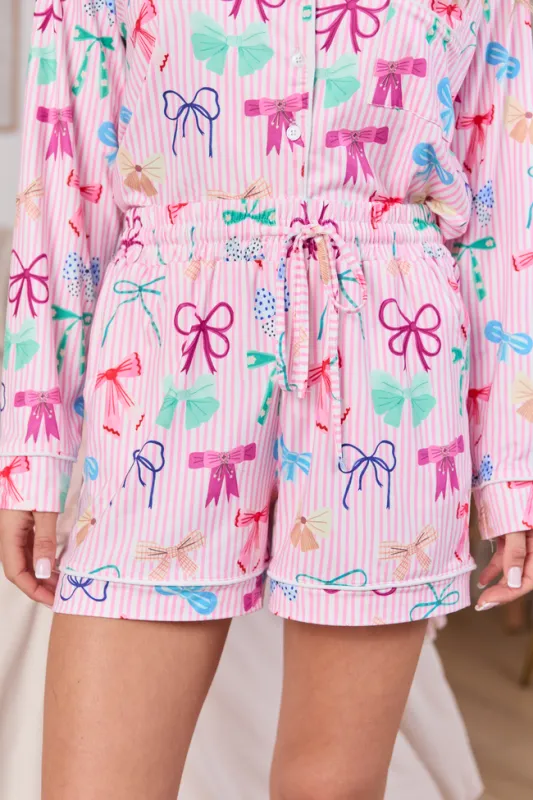 Take A Bow Pink Stripe Pajama Shorts made by Pink Lily
